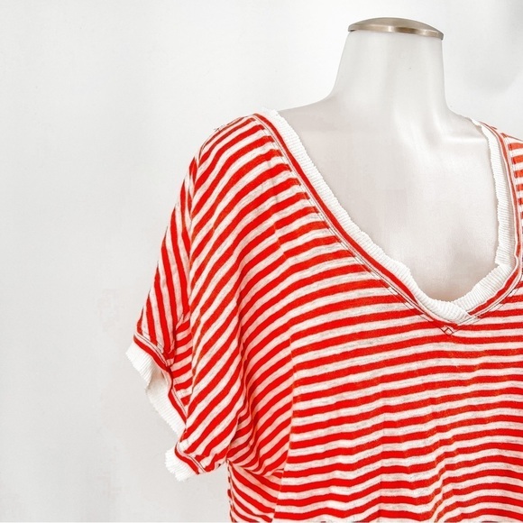 We the Free People Oversized Tee T-Shirt Top  Sleeve Coral Stripe Relaxed - Picture 4 of 9